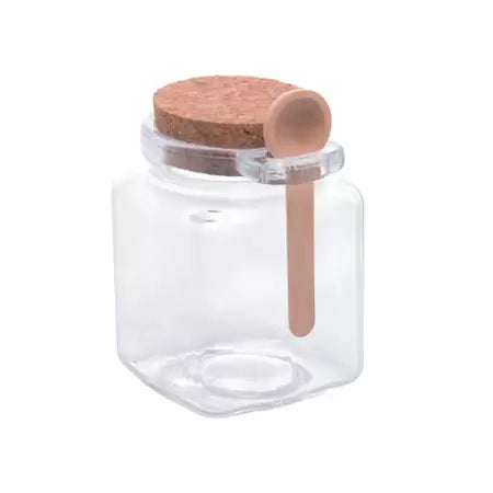 POTE QUADRADO DE VIDRO C COLHER DE BAMBU E TAMPA ROLHA 310ML