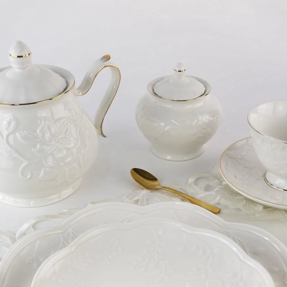 Jogo 8 Peças P/Chá Em Porcelana Com Filete Dourado - DoceLar Loja