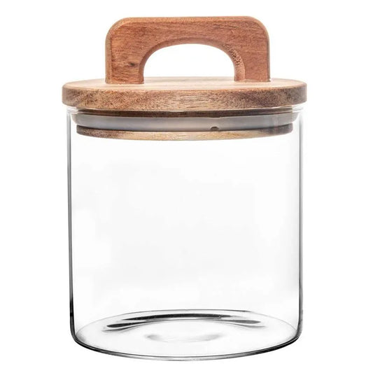 POTE DE VIDRO COM TAMPA DE ACACIA 700ML