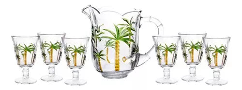 CJ 7PC JARRA C/6 TACAS DE CRISTAL PALM HAND PAINTING 1,3L/240ML