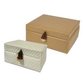 CJ. DE PORTA JOIAS DE MADEIRA E FLANELA BRANCO E MARROM - 2 PCS