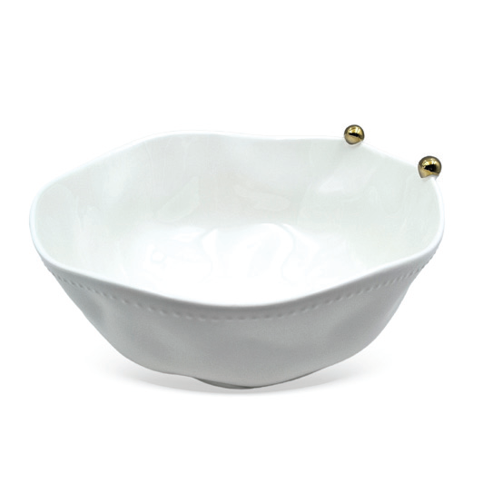 SALADEIRA EM PORCELANA BRANCA COM ESFERAS DOURADA