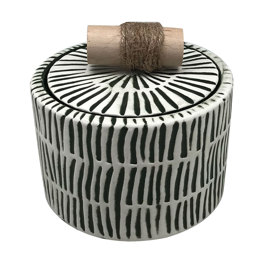 POTE DE CERAMICA VERDE E BRANCO COM PUXADOR DE MADEIRA