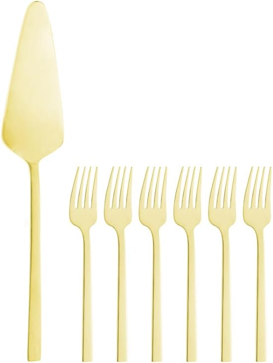 CJ 7 PECAS ESPATULA PARA BOLO E 6 GARFOS PARA SOBREMESA FIRENZE DOURADO ACO INOX