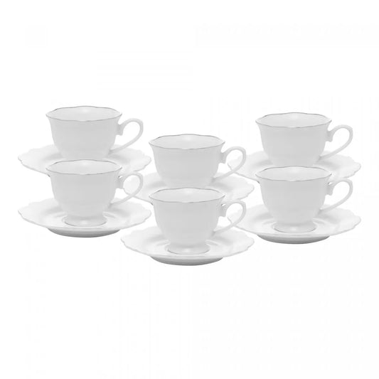 CJ 6 XICARAS CHA PORCELANA C/PIRES BRANCO C/FIO PRATA MALDIVAS 180ml