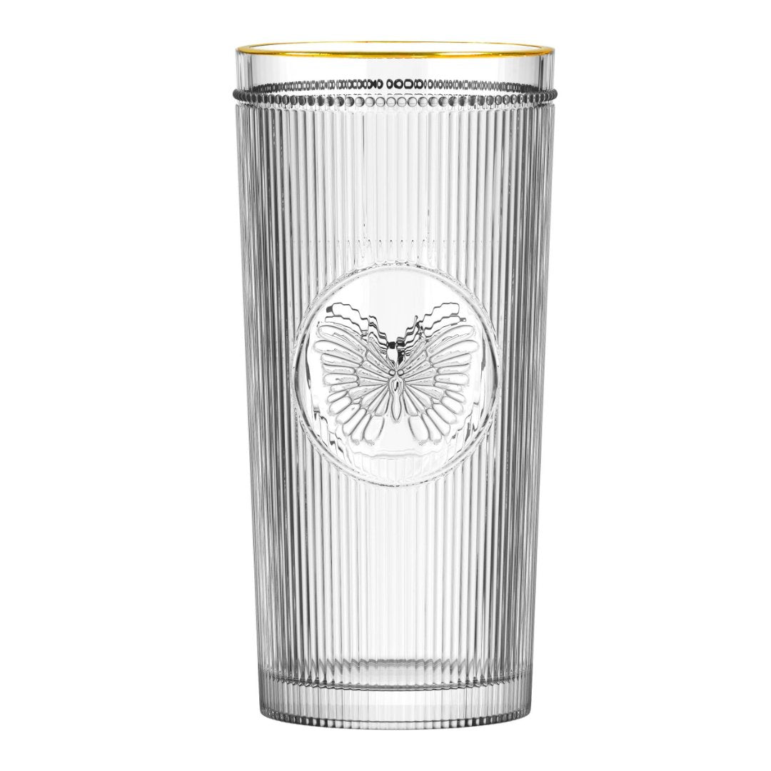 Jogo de 6 copos altos Borboleta em vidro gold rim 350ml A15cm