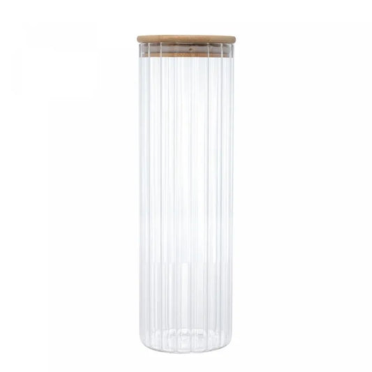 POTE DE VIDRO CANELADO COM TAMPA BAMBU 1.3L