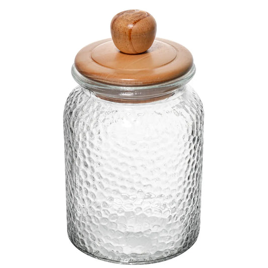 POTE DE VIDRO MARTELADO COM TAMPA DE BAMBU 1L