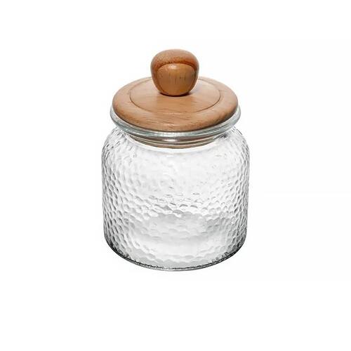 POTE DE VIDRO MARTELADO COM TAMPA DE BAMBU 640ML