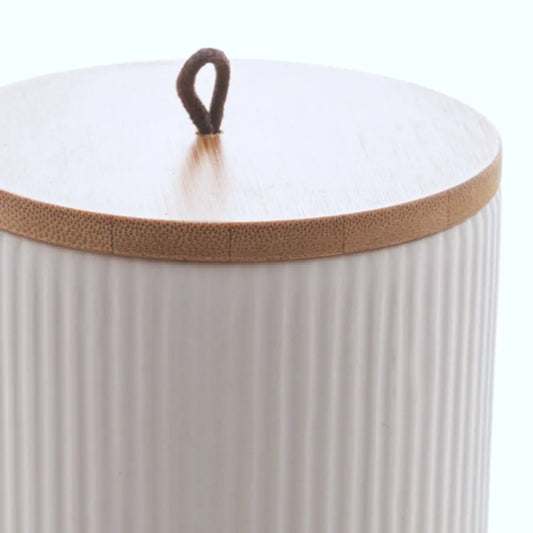 Pote de Ceramica c/Tampa de Bambu Lines Branco-G - DoceLar Loja