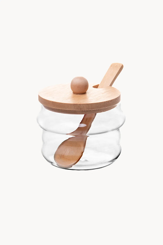 Conjunto de Potes Vidro com Colher e Suporte em Bambu