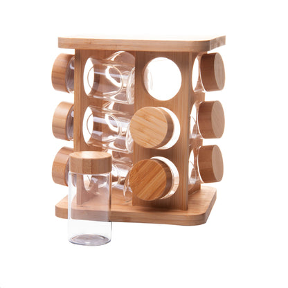 CJ 12 POTES EM BOROSSILICATO COM TAMPA HERMETICA E RACK GIRATORIO EM BAMBU 120ML