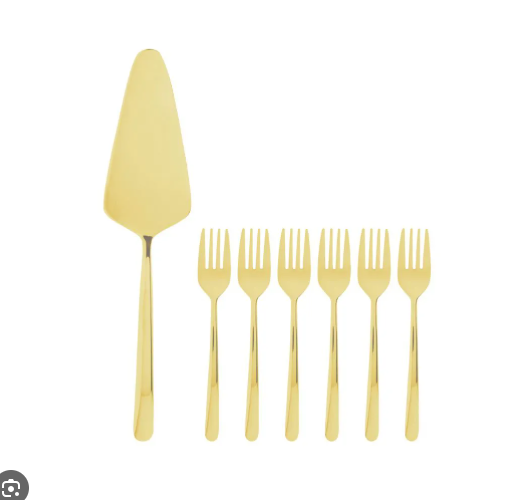 CJ 7 PECAS ESPATULA PARA BOLO E 6 GARFOS PARA SOBREMESA VIENA DOURADO ACO INOX