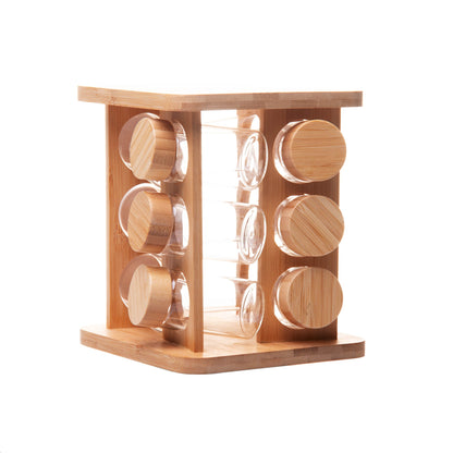 CJ 12 POTES EM BOROSSILICATO COM TAMPA HERMETICA E RACK GIRATORIO EM BAMBU 120ML