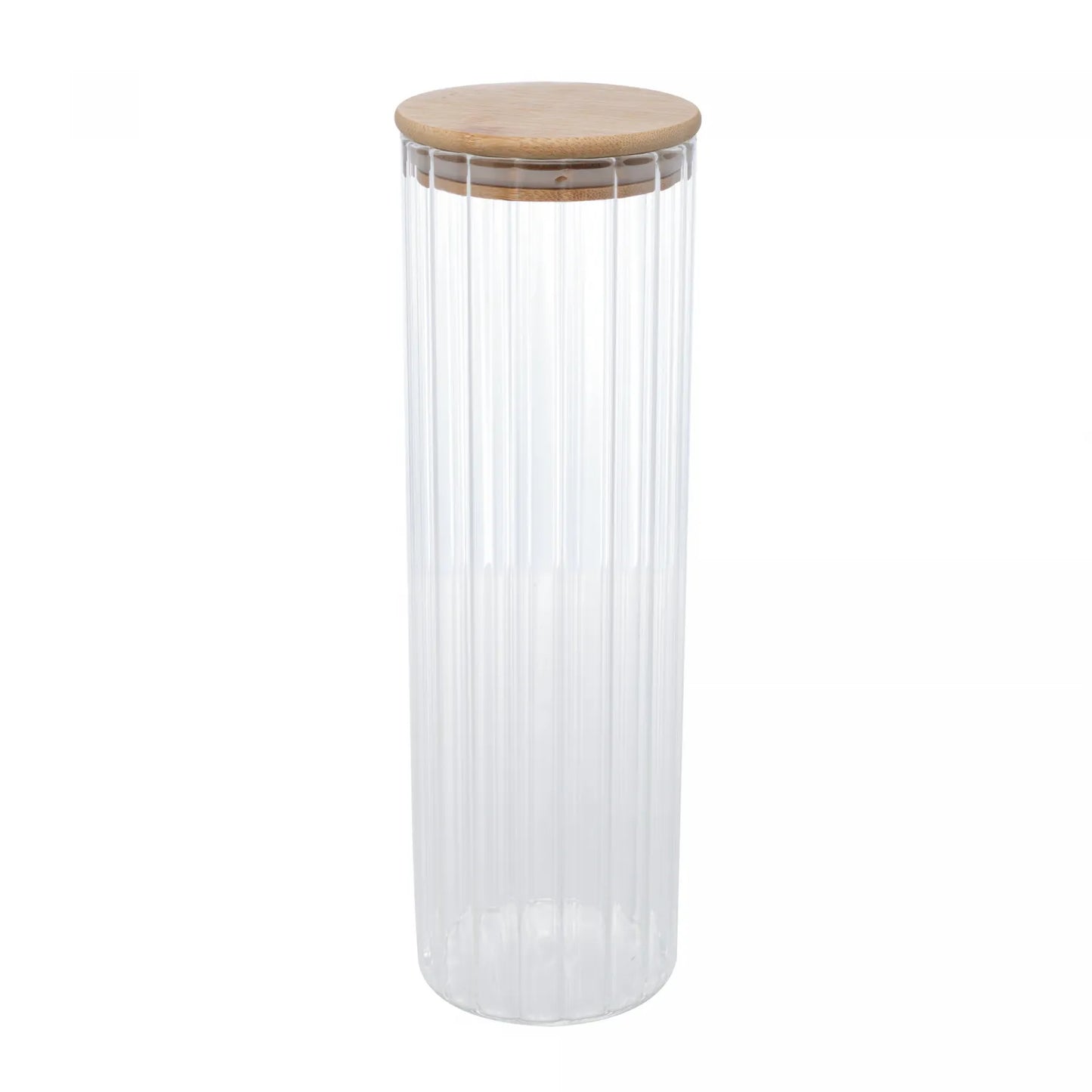 POTE DE VIDRO CANELADO COM TAMPA BAMBU 1.3L