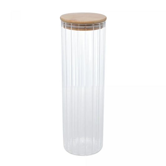 POTE DE VIDRO CANELADO COM TAMPA BAMBU 1.3L