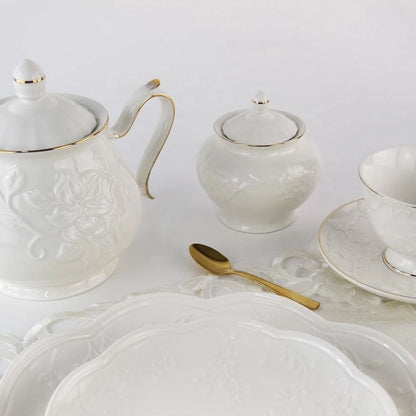 Jogo 8 Peças P/Chá Em Porcelana Com Filete Dourado - DoceLar Loja