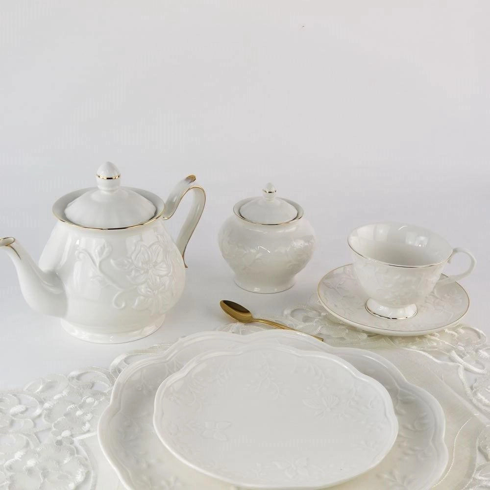 Jogo 8 Peças P/Chá Em Porcelana Com Filete Dourado - DoceLar Loja