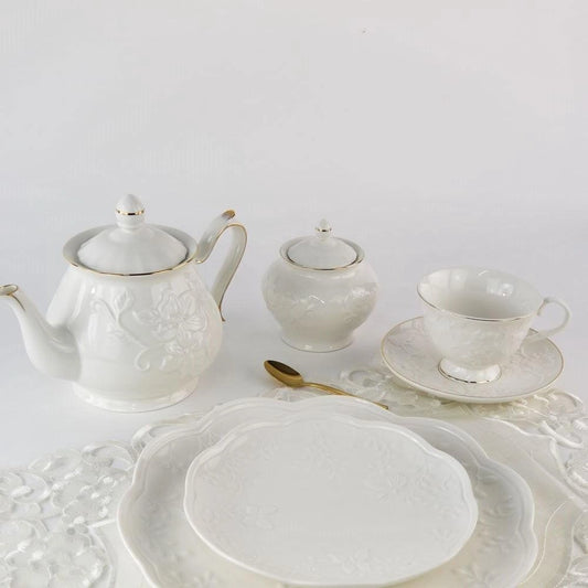 Jogo 8 Peças P/Chá Em Porcelana Com Filete Dourado - DoceLar Loja