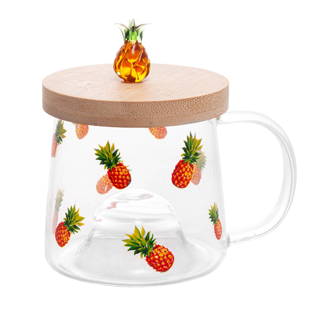CANECA DE VIDRO COM PIRES DE BAMBU ABACAXI 350ML