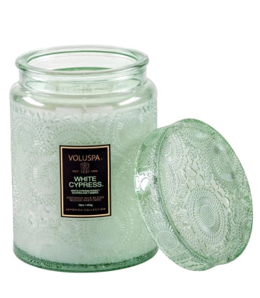 VELA POTE VIDRO G 100H TAMPA VIDRO RELEVO WHITE CYPRESS