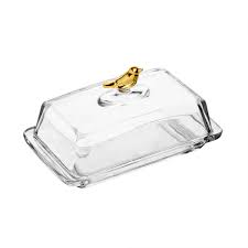 MANTEIGUEIRA RETANGULAR COM TAMPA GOLDEN BIRD 18CM X 10CM X 9CM CRISTAL ECOLOGICO