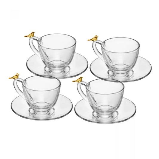 CJ 4 XICARAS DE CHA COM PIRES GOLDEN BIRD 180ML CRISTAL ECOLOGICO
