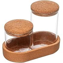 CJ 2 POTES DE VIDRO COM TAMPA E BANDEJA EM ROLHA 300ML/480ML