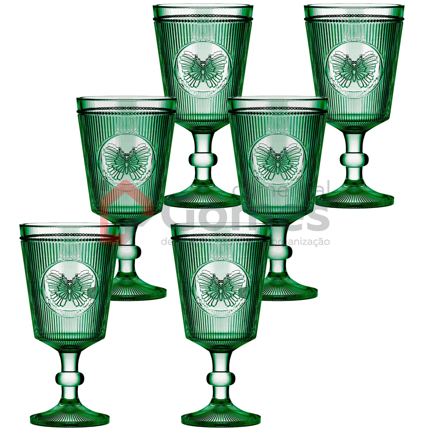 JOGO DE 6 TACAS BORBOLETA EM VIDRO 325ML A17CM COR VERDE