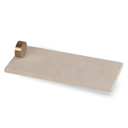 BANDEJA RETANGULAR EM MARMORE TRAVERTINO DETALHE METAL DOURADO
