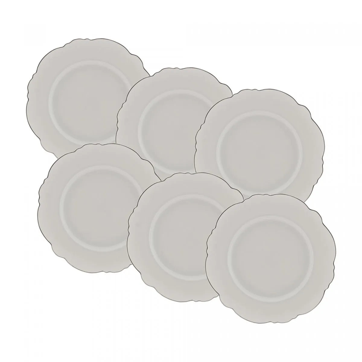 CJ 6 PRATOS RASOS PORCELANA MALDIVAS C/FIO PRATA 28cm