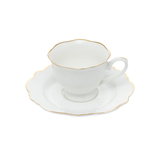 CJ 6 XÍCARAS DE CHÁ DE PORCELANA COM PIRES MALDIVAS BRANCO COM FIO DOURADO