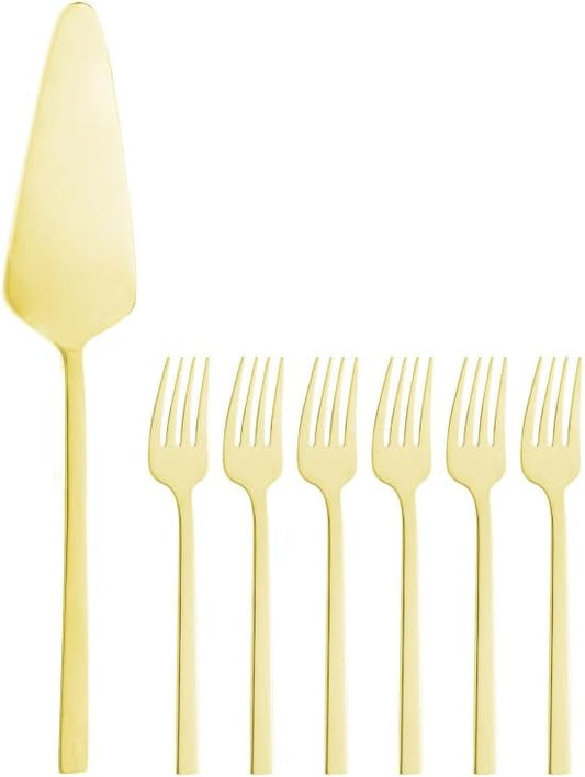 CJ 7 PECAS ESPATULA PARA BOLO E 6 GARFOS PARA SOBREMESA FIRENZE DOURADO ACO INOX