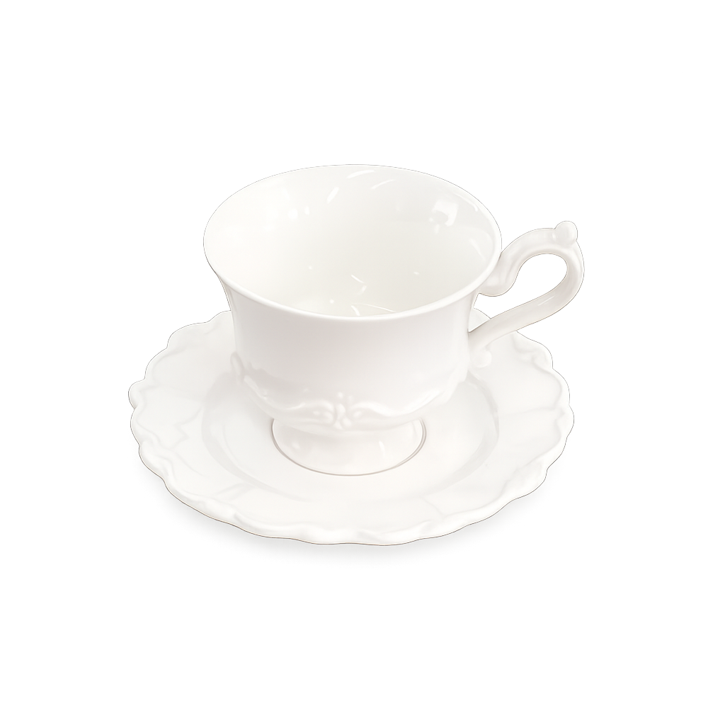 Conjunto 6 Xícaras de Café de Porcelana com Pires Fancy Branco