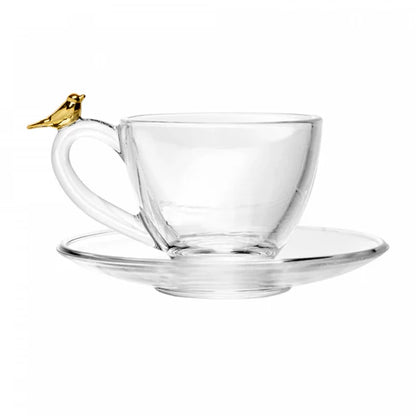 CJ 4 XICARAS DE CHA COM PIRES GOLDEN BIRD 180ML CRISTAL ECOLOGICO
