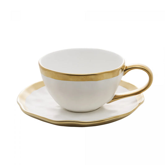 Xícara de Chá c/Pires Porcelana Branco e Dourado Dubai