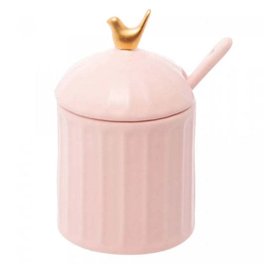 ACUCAREIRO DE CERAMICA COLIBRI COM COLHER E TAMPA ROSA 7CM X 7CM X 10,5CM