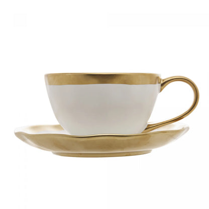 Xícara de Chá c/Pires Porcelana Branco e Dourado Dubai