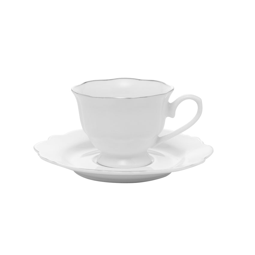 Conjunto 6 Xícaras de Café de Porcelana com Pires Branco Fio Prata - DoceLar Loja