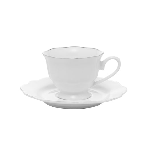 Conjunto 6 Xícaras de Café de Porcelana com Pires Branco Fio Prata - DoceLar Loja