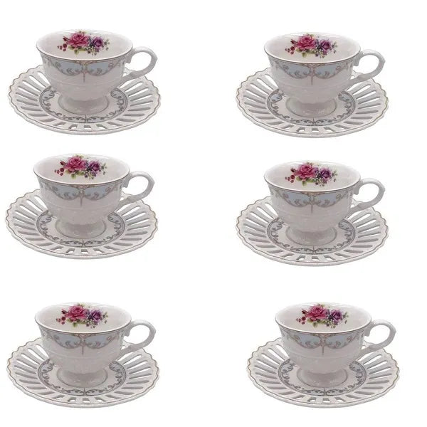 Jogo de 6 Xícaras de Café C/Pires Mon Cheri Branco e Rosa - DoceLar Loja