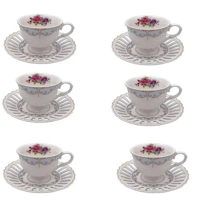 Jogo de 6 Xícaras de Café C/Pires Mon Cheri Branco e Rosa - DoceLar Loja