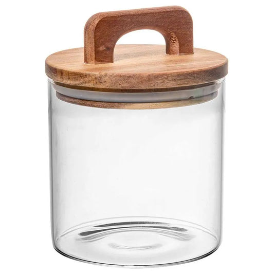 POTE DE VIDRO COM TAMPA DE ACACIA 700ML