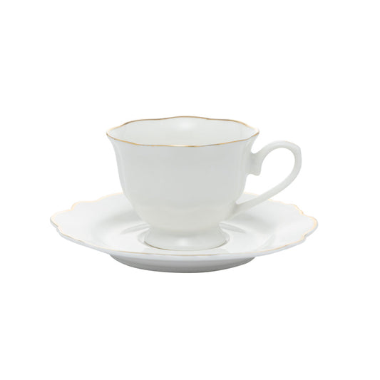 CJ 6 XÍCARAS DE CHÁ DE PORCELANA COM PIRES MALDIVAS BRANCO COM FIO DOURADO
