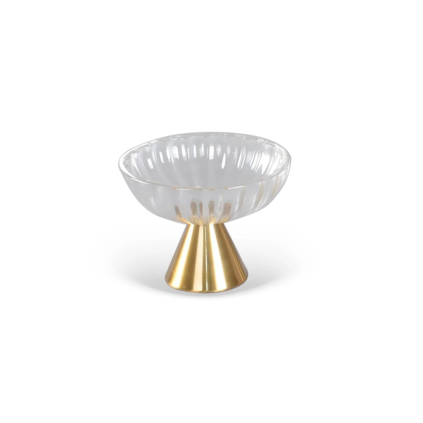 CENTRO DE MESA EM METAL E VIDRO TRANSPARENTE E DOURADO