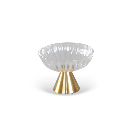 CENTRO DE MESA EM METAL E VIDRO TRANSPARENTE E DOURADO