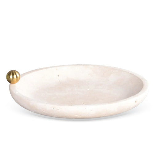 PECA DECORATIVA REDONDA EM MARMORE TRAVERTINO DETALHE METAL DOURADO