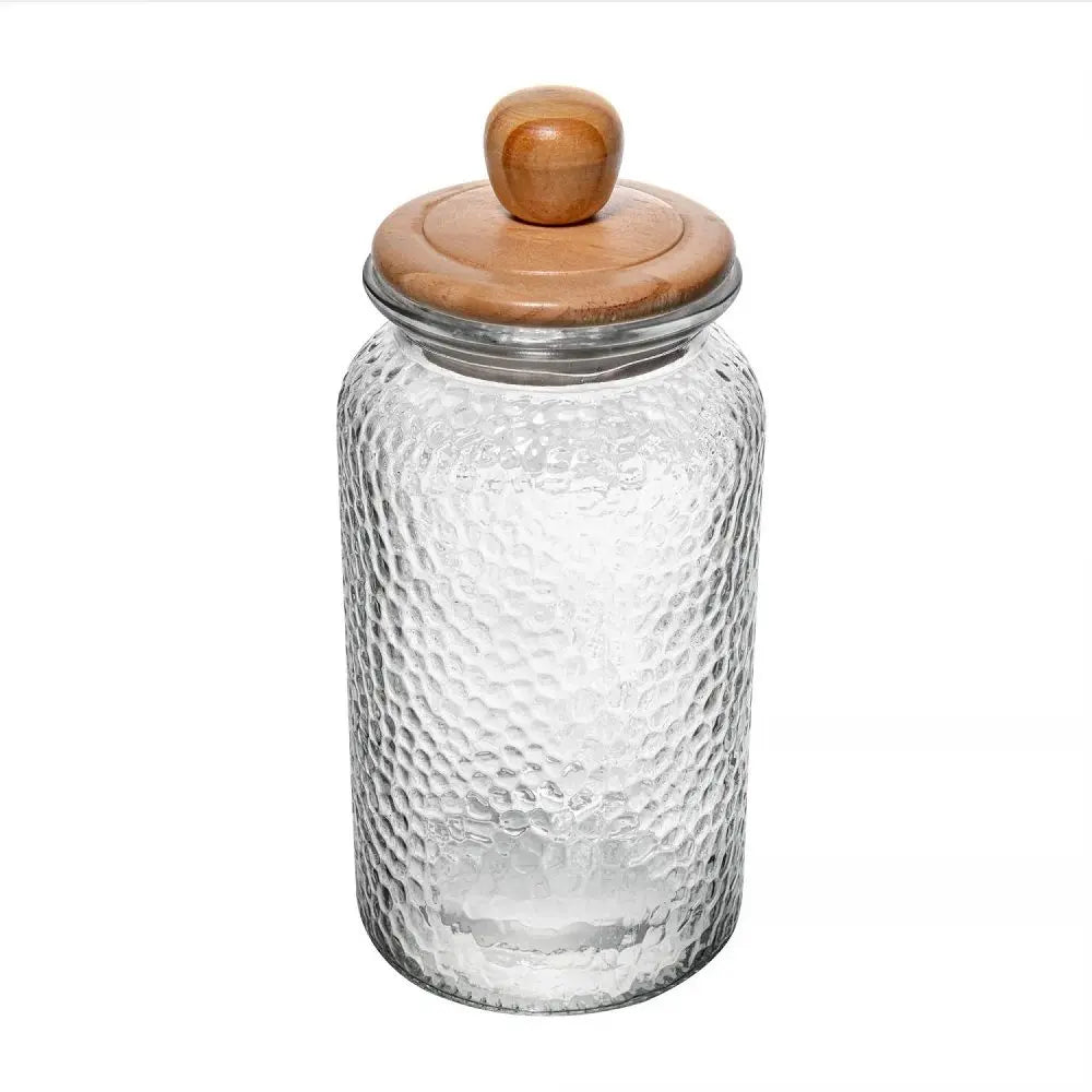 POTE DE VIDRO MARTELADO COM TAMPA DE BAMBU 1,3L
