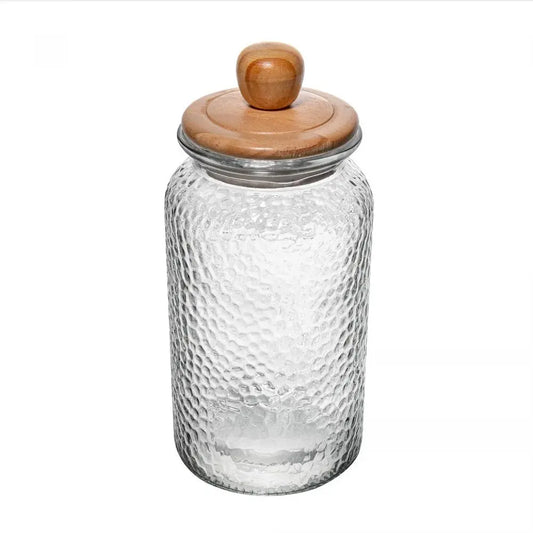 POTE DE VIDRO MARTELADO COM TAMPA DE BAMBU 1,3L