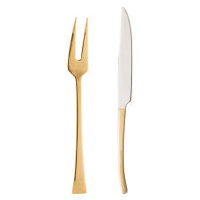 CJ 2PC FACA E GARFO ACO INOX P/ASSADO BERNA DOURADO